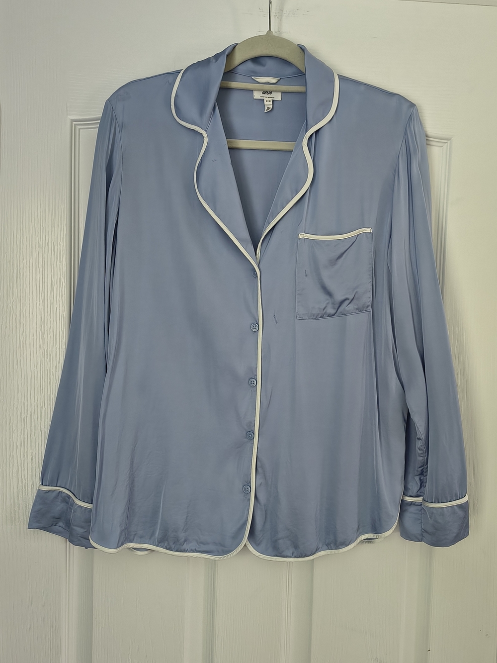 aerie Light Blue Satin Pajama Top with White Piping